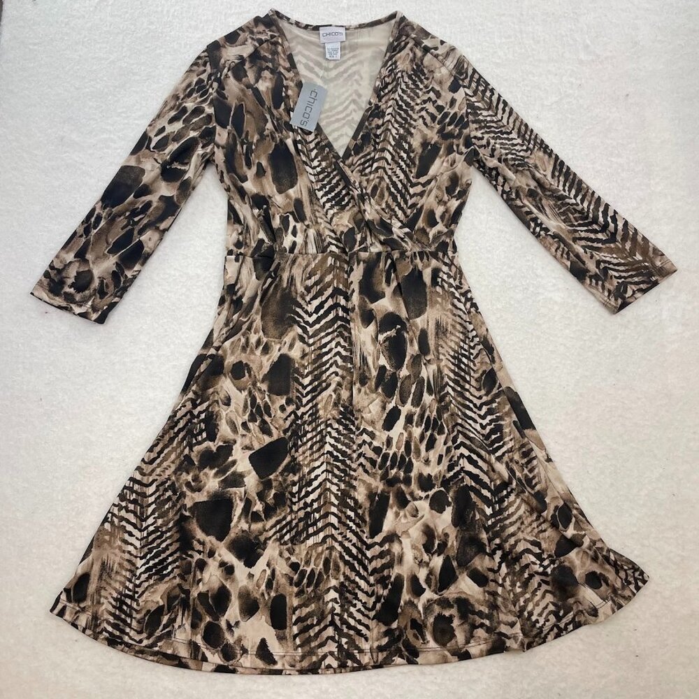 NWT CHICO'S Faux Wrap Dress Stretch Animal Print Career Travel Trip Size 1